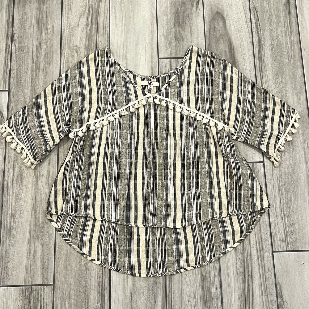 LA Los Angeles Blouse Womens M Black Striped Boho Tassel High Low Excellent